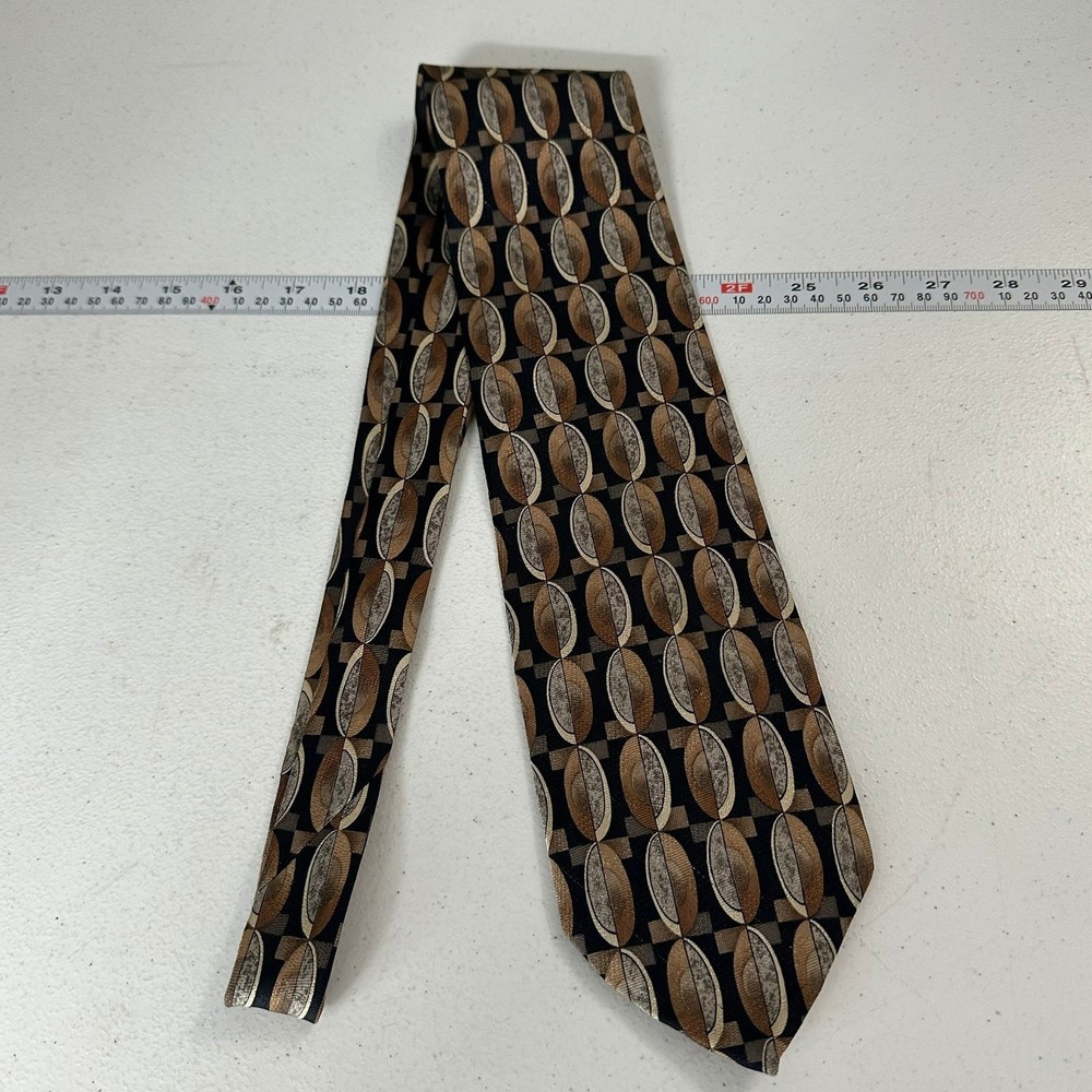 Louis Roth Mens Silk Tie Necktie Geometric Black Brown Tan Hand Made Long
